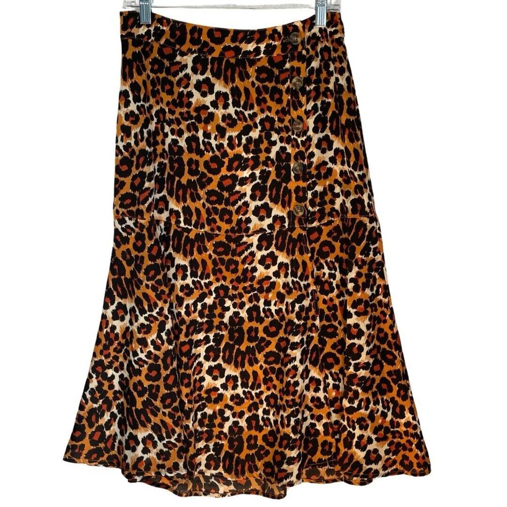 Umgee Skirt Size M Animal Print Midi Length Fit And Flare Buttons Slit Flowy NEW